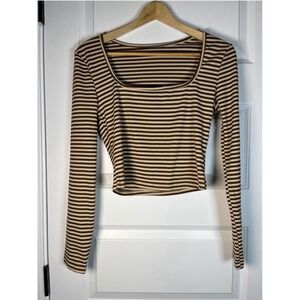 Set of Striped Ribbed Knot Lounge  Brown Tan Crop Top Wide Leg Pants M